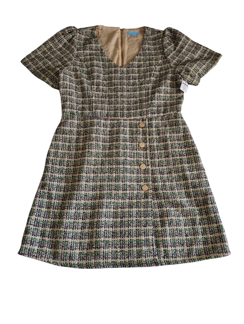 Draper James 12 Tweed Green Short Sleeve V-Neck Dress